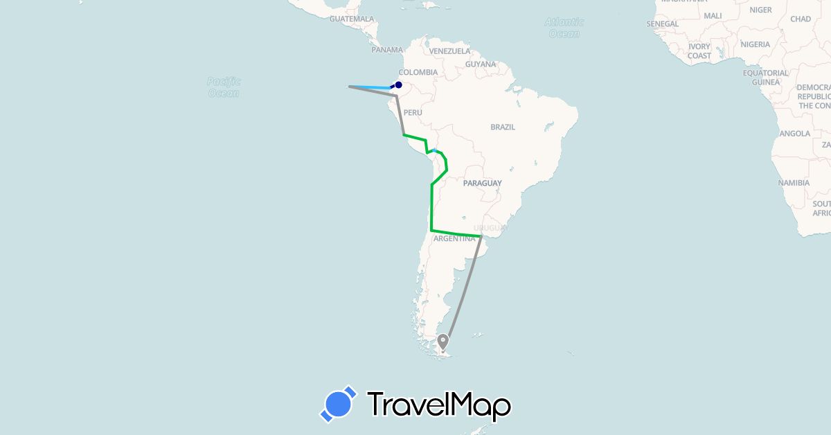 TravelMap itinerary: driving, bus, plane, boat in Argentina, Bolivia, Chile, Ecuador, Peru (South America)
